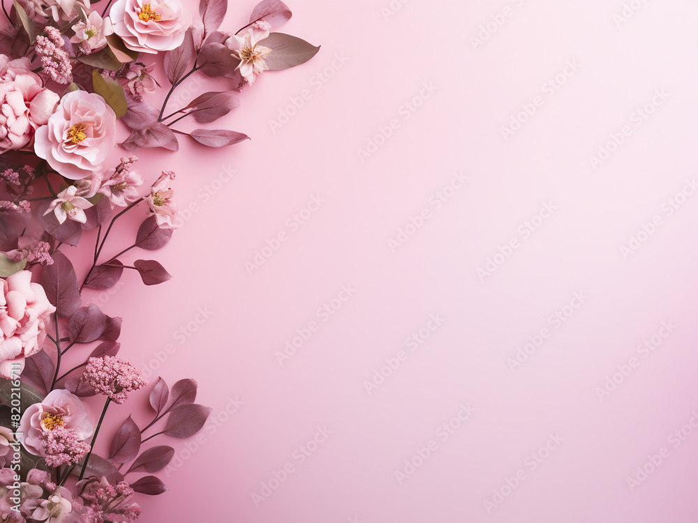 Pink flowers and eucalyptus leaves arranged on a pastel pink background in a top-down flat lay Pink flowers and eucalyptus leaves arranged on a pastel pink background in a top-down flat lay