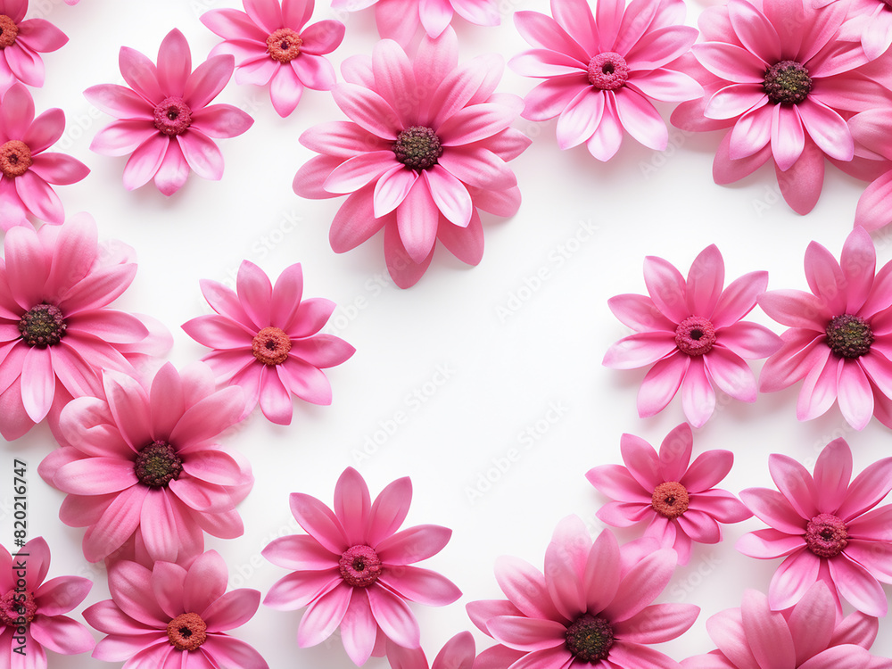 A flat lay arrangement displays colorful flowers in a pattern on a white backdrop