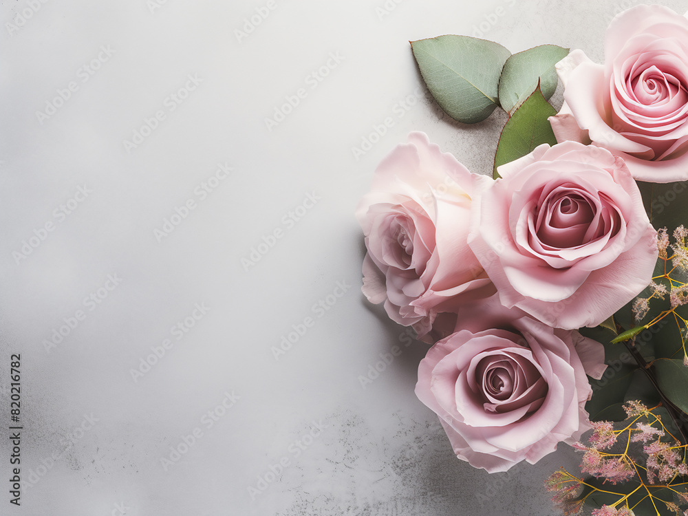 Top view of roses on pastel gray backdrop Top view of roses on pastel gray backdrop