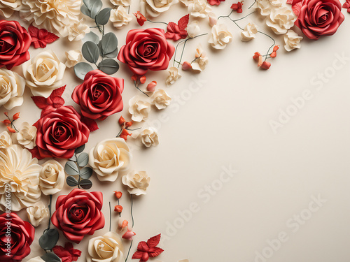Beige and red roses intertwine with eucalyptus on pastel beige