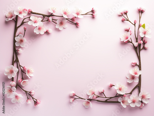 Cherry blossom twigs form a frame with copy space