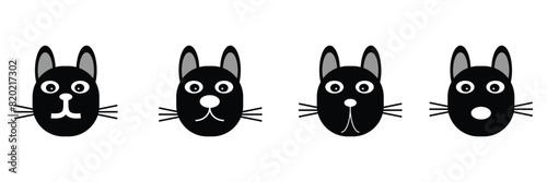 Black cat set. Waving hand. Pink paw print. Upside down face head. Cute cartoon kawaii funny sad character. Pet baby animal. Eps 10.