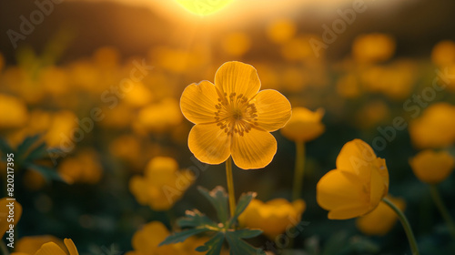 yellow buttercup flowers in the field at sunset photo