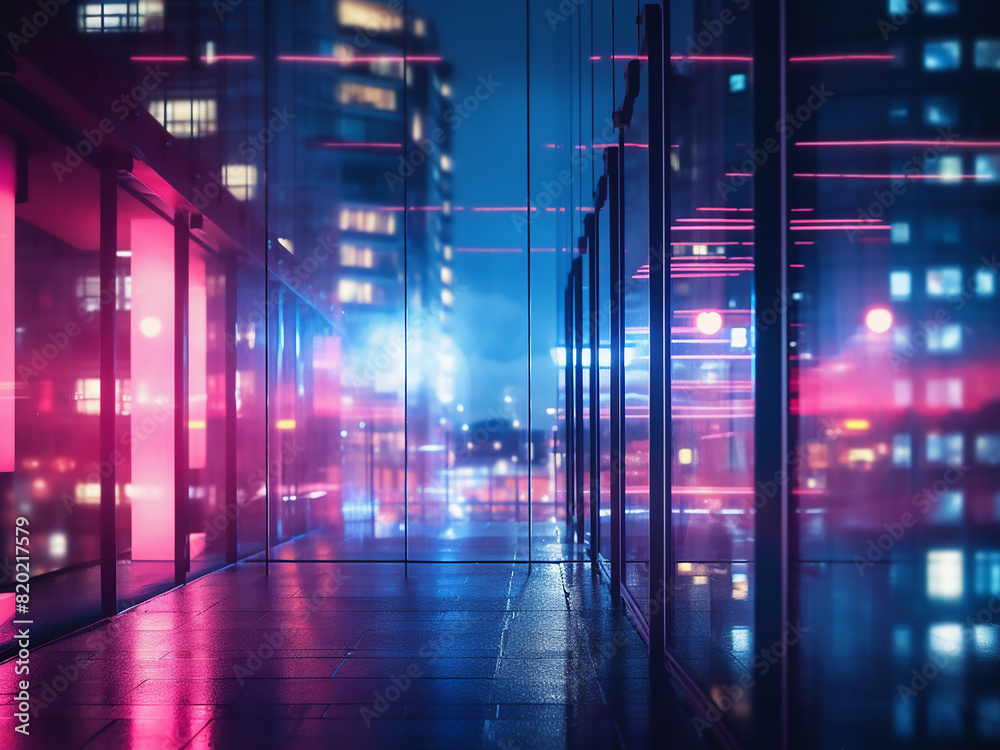 Blur envelops the scene with blue and pink urban buildings