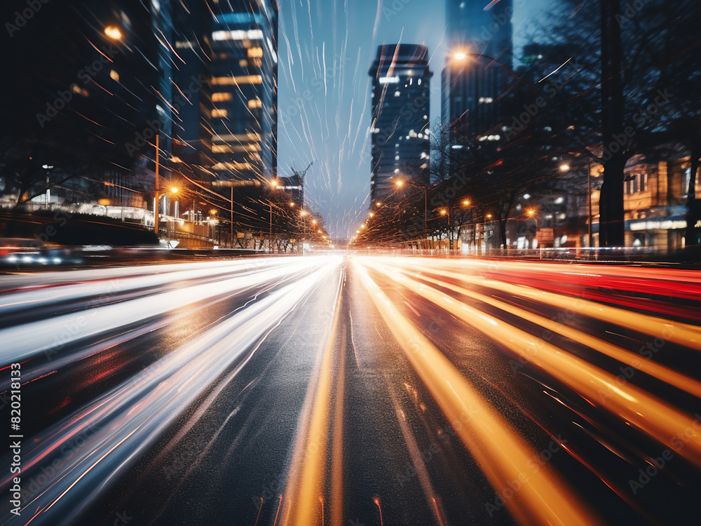Fototapeta premium Blurred evening city traffic with bokeh car headlights, depicting urban hustle