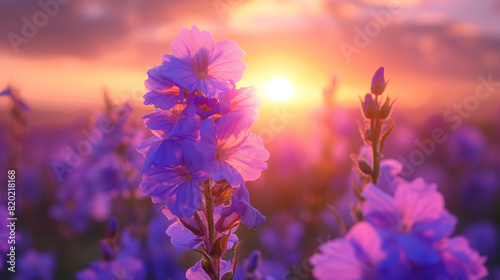 cammon bluebell flowers  in the morning at sunrise in the field  photo