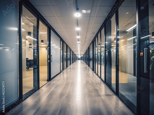 Lack of focus in an office corridor with blurred doors and partitions