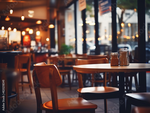 Restaurant ambiance blurs, chairs and tables melding in malls lobby