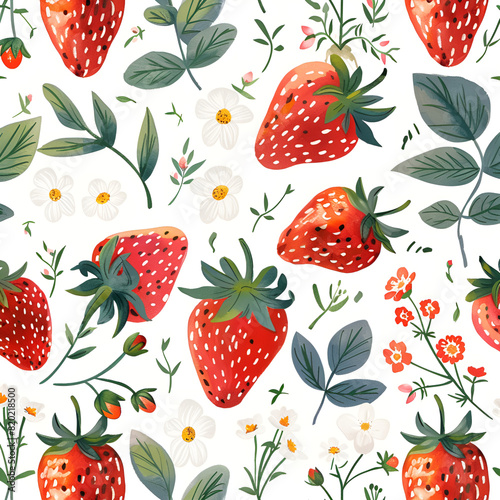 Summer contemporary seamless patterns with daisy flower and strawberry. Aesthetic backgrounds, wallpapers set, modern minimalist decoration, pink and green colors