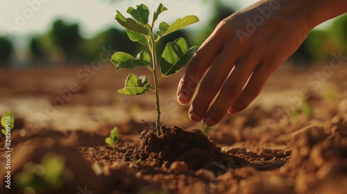 Reforestation Efforts: Hand Planting Young Tree Sapling Close-up