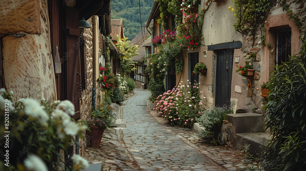 Fototapeta premium A winding alley in a European village lined with stone houses and blooming flowers.