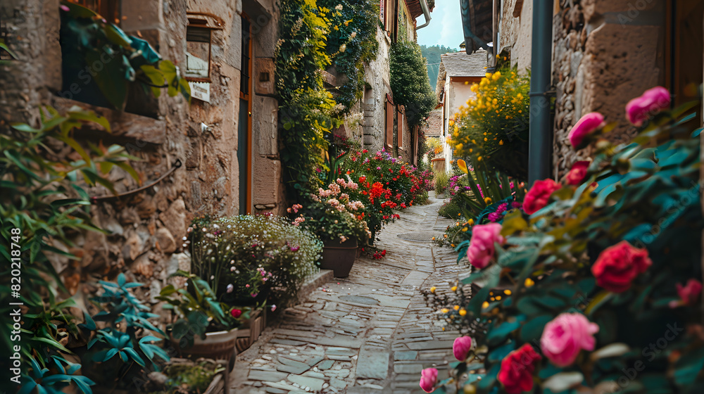 Naklejka premium A winding alley in a European village lined with stone houses and blooming flowers.