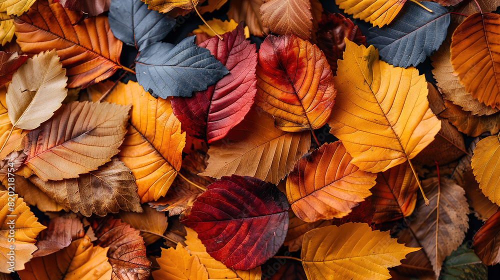 Colorful leaves pile on top of green, yellow, red, orange leaves Colorful leaves pile on top of green, yellow, red, orange leaves