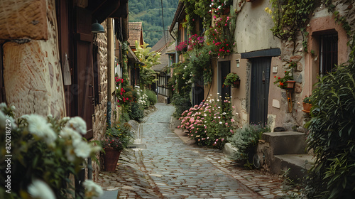 A winding alley in a European village lined with stone houses and blooming flowers.