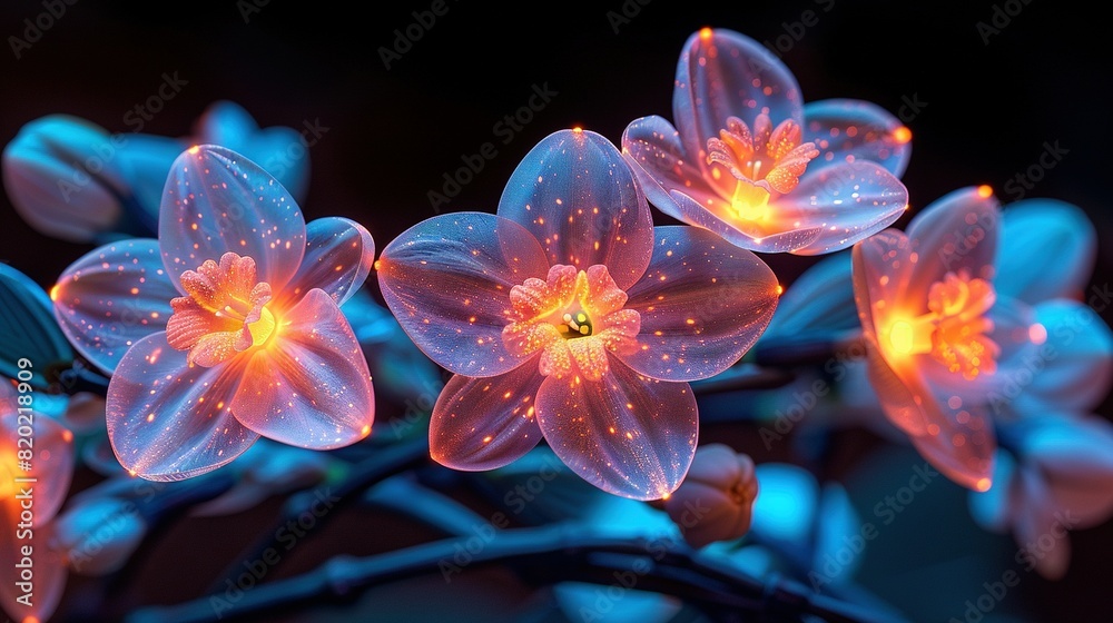   Close-up photo of flowers, illuminated by light in center of petals on flower stems