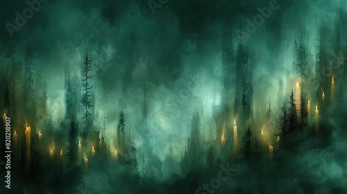   A lush forest depicted in a painting, featuring numerous trees clustered together and illuminated by beams of light emanating from the tops of the trees photo
