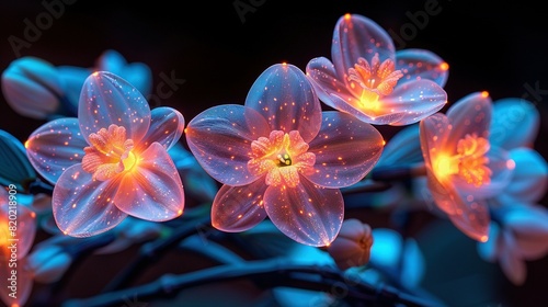   Close-up photo of flowers  illuminated by light in center of petals on flower stems