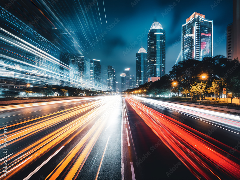 Fototapeta premium Motion blur captures urban beauty in night traffic