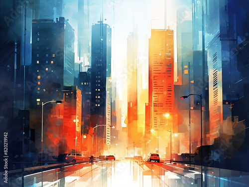 Cityscape on watercolor background  digitally painted