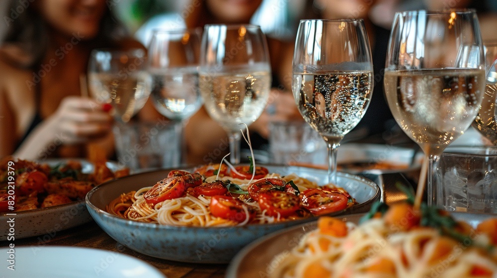 spaghetti, wine glasses, and dining table with people seated in the background spaghetti, wine glasses, and dining table with people seated in the background
