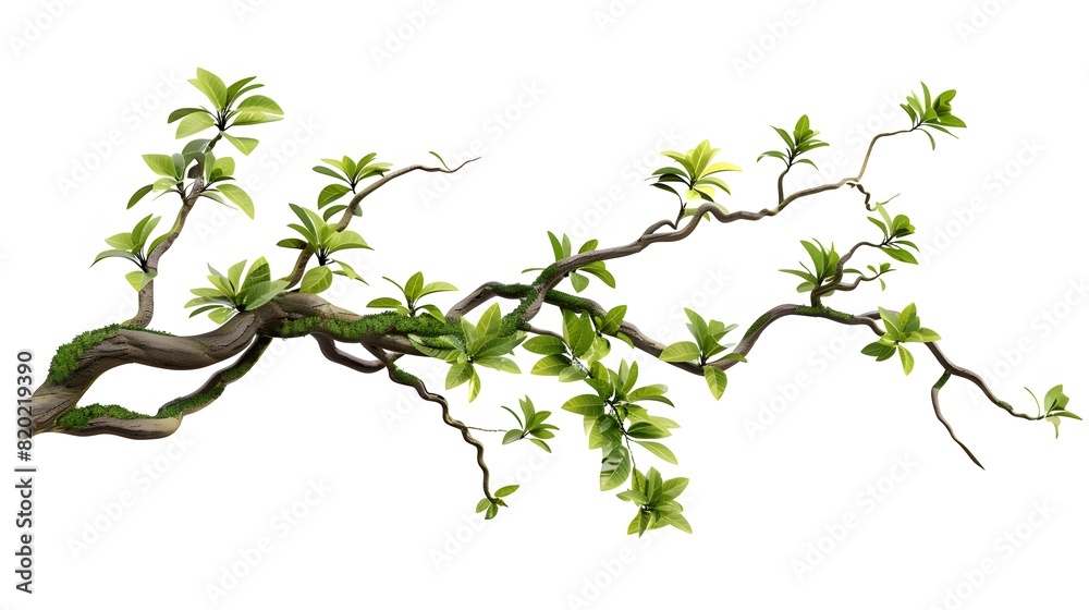 realistic twisted jungle branch with plant growing isolated on a white background