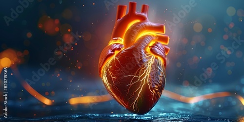 Realistic depiction of a beating heart with electrical impulses traveling through the cardiac conduction system, regulating heartbeat.  photo