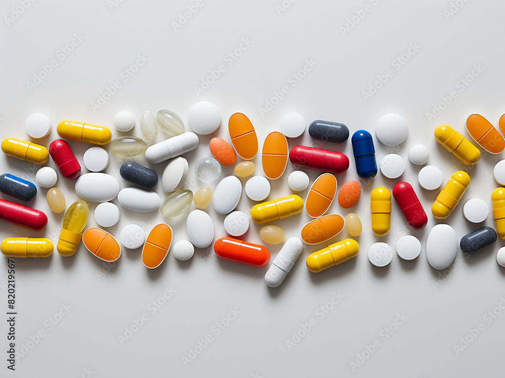 Group of pills and capsules arranged on a striped surface, depicting a selection of medications Group of pills and capsules arranged on a striped surface, depicting a selection of medications