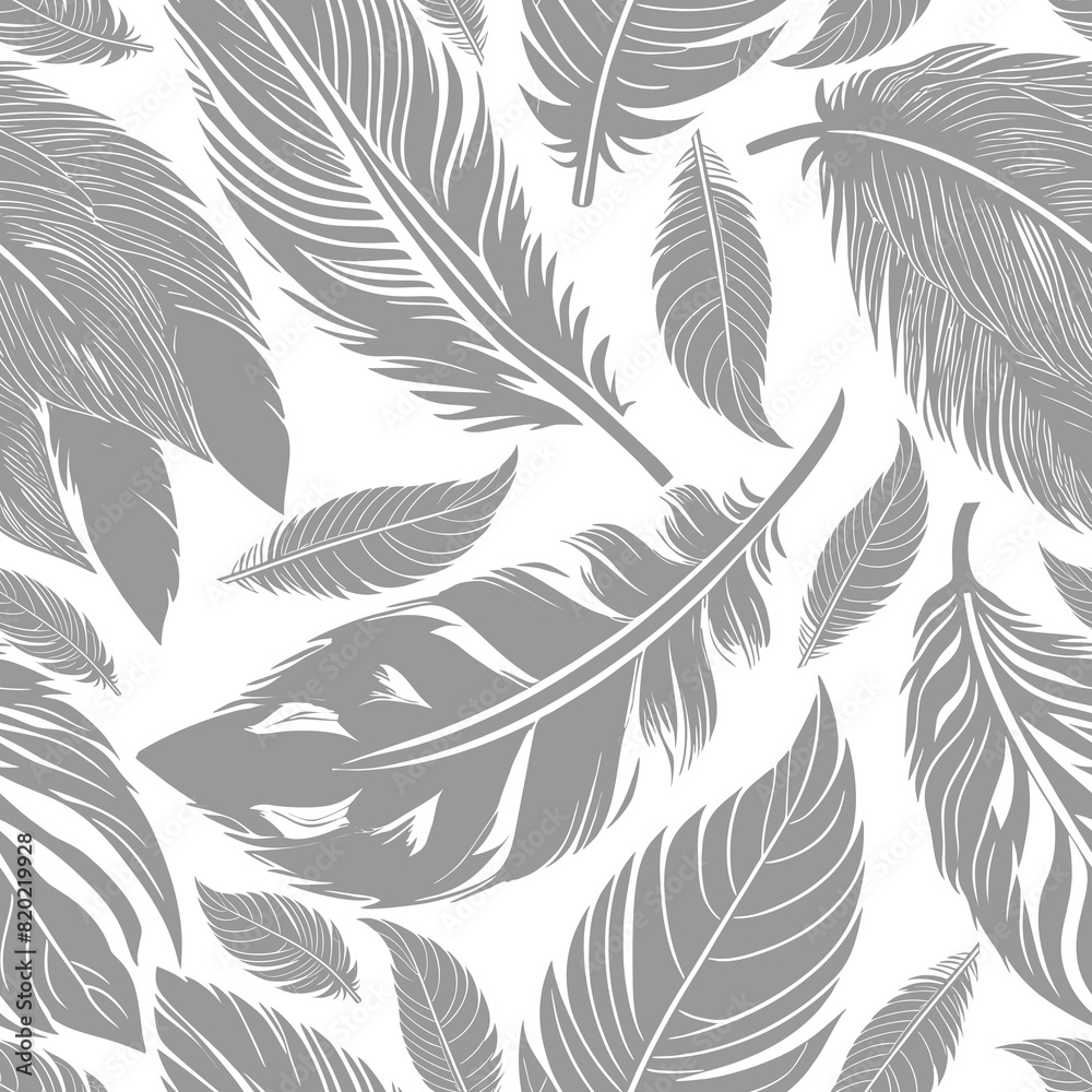Fototapeta premium simple two-color seamless pattern of gray feathers on a white background, texture