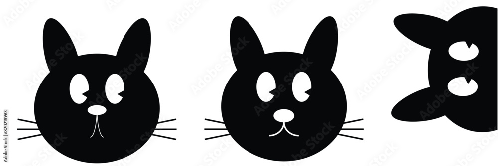Fototapeta premium Black cat set. Waving hand. Pink paw print. Upside down face head. Cute cartoon kawaii funny sad character. Pet baby animal. Eps 10.