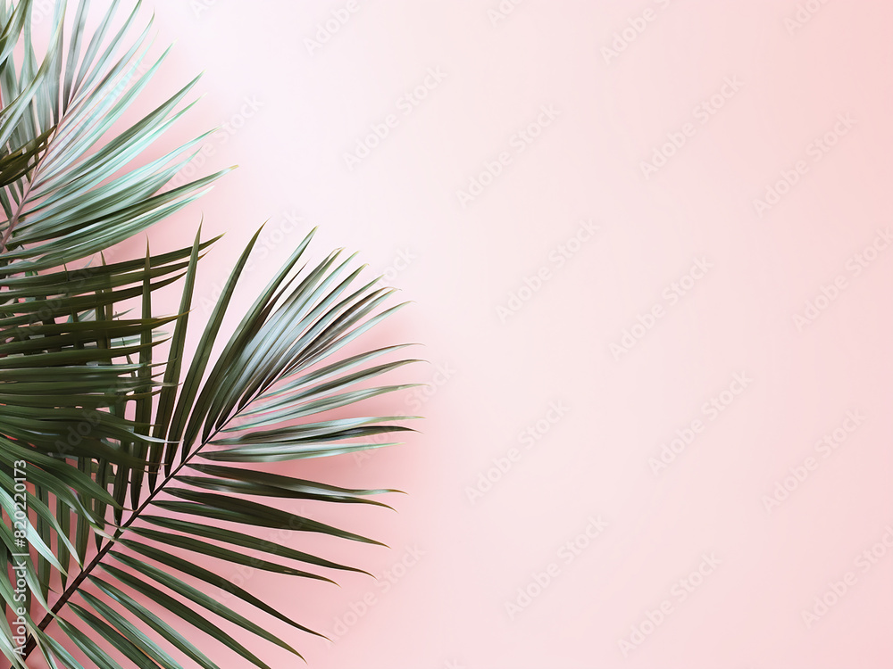 Fototapeta premium Top view of a summer scene: tropical palm leaves on pastel pink