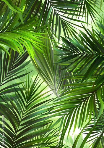 A vibrant background of tropical palm leaves  perfect for use in tropical-themed designs and advertisements.