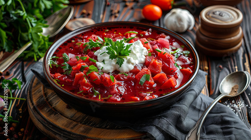 A plate of aromatic delicious borscht with spices and herbs and sour cream
