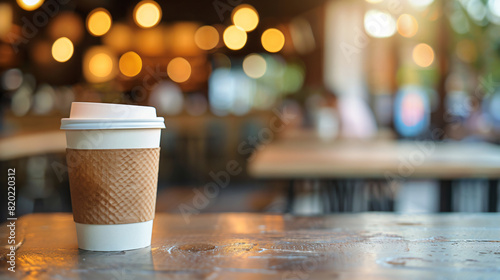 Takeaway coffee cup on a table with a blurred cafe