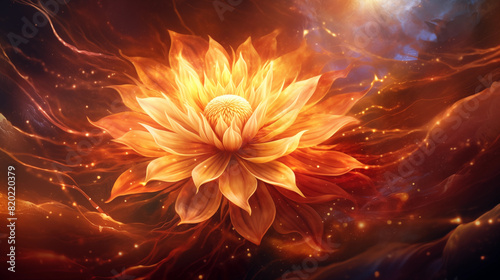 Fantastic lotus flower with sparkles on the surface of the water, glow effect. Symbolism of cosmic yoga. Atmospheric illustration. Symbolism of cosmic yoga. Atmospheric illustration. Generated AI