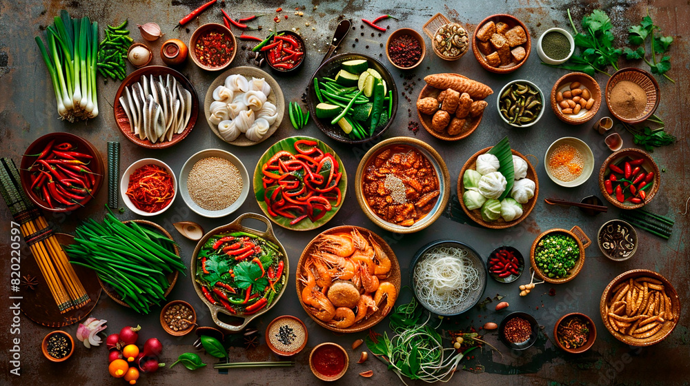 A table full of food with many different types of food and spices A table full of food with many different types of food and spices