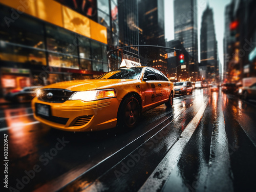 Nighttime scene in NYC with blurred street and taxi lights, creating bokeh
