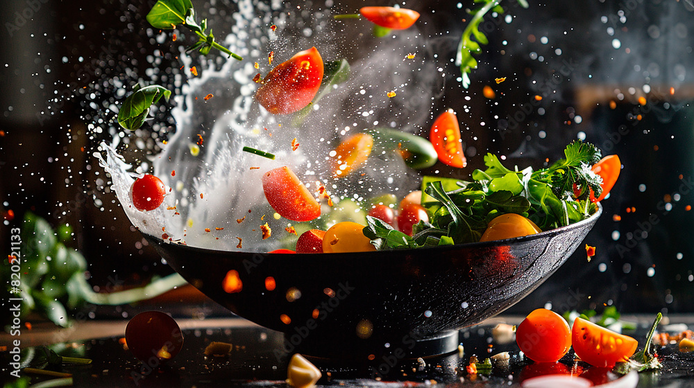 A bowl of food with a lot of vegetables and a splash of water A bowl of food with a lot of vegetables and a splash of water