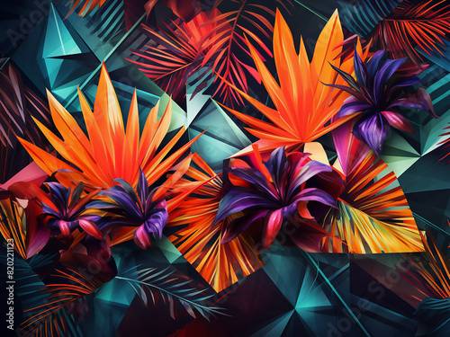Tropical leaves on vibrant geometric backdrop for creative designs