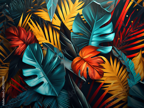 Abstract design templates featuring tropical leaves on colorful geometry