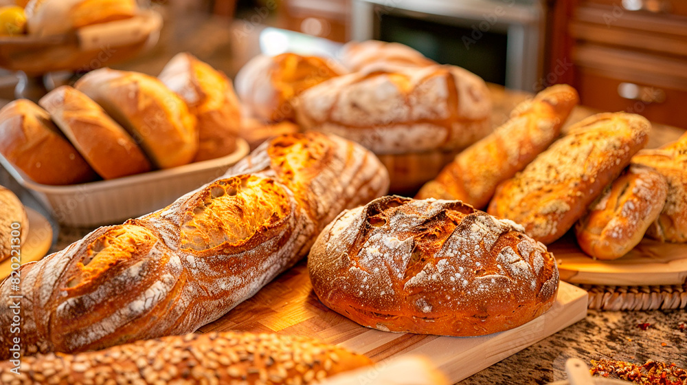 A variety of breads are displayed on a wooden cutting board