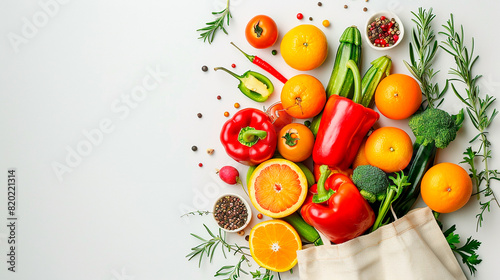 A bag of vegetables and fruit is displayed on a white background