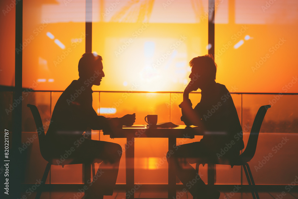Silhouetted figures conduct a job interview over coffee against a vibrant sunset background through an office window