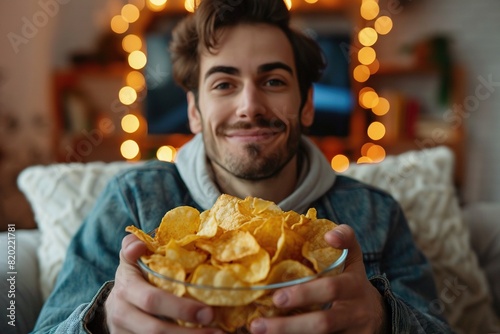 Man holding a bowl of potato chips at home.