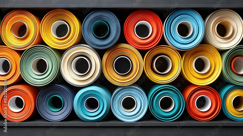 A colorful stack of paper rolls sits atop a table A colorful stack of paper rolls sits atop a table
