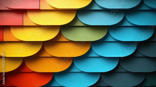   A close-up of a multi-colored wall with a top circle pattern and a bottom half circle design