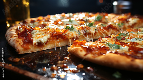 Pizza with mozzarella cheese on dark background close up