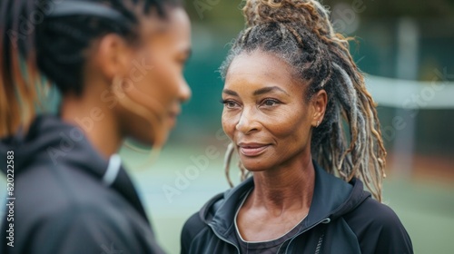 tennis lesson, african american woman, middle-aged, gets individual tennis lesson from skilled caucasian coach on clay court, with trees in background, creating a serene and focused scene photo