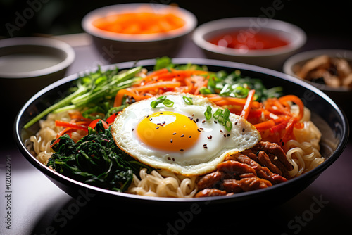 Traditional Korean dish bibimbap with fried agg, beef and vegetables.