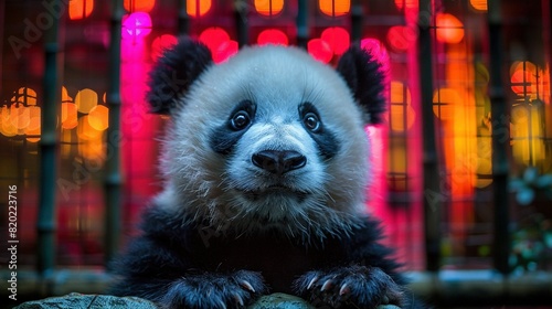  A panda bear sits on a rock in front of a brightly lit enclosure