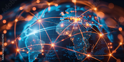 Obraz na płótnie Digital world globe, concept of global network and connectivity on Earth, high speed data transfer and cyber technology, information exchange and international telecommunication w salonie